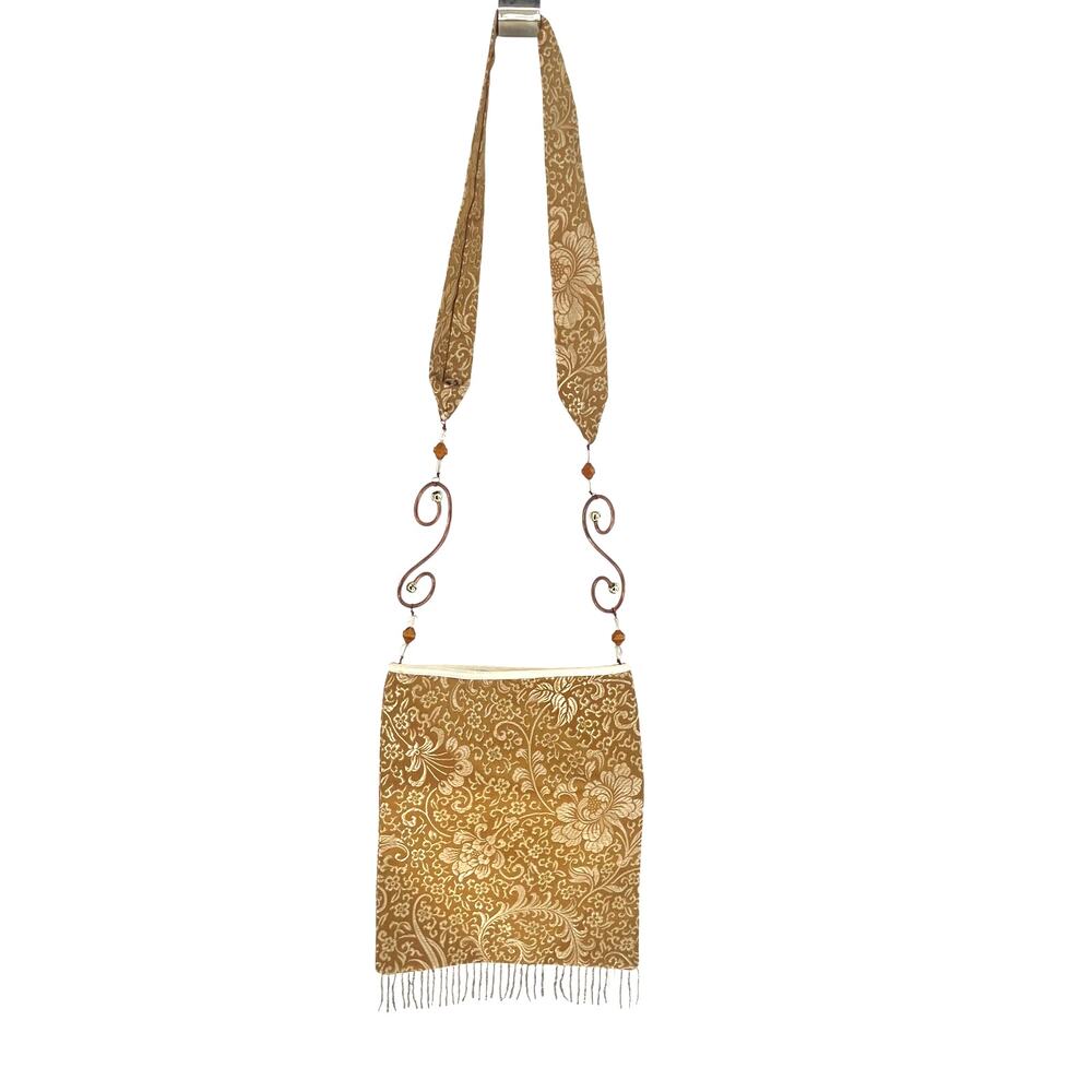 Gold Silk Brocade Bag with Bead Fringe & Copper details
